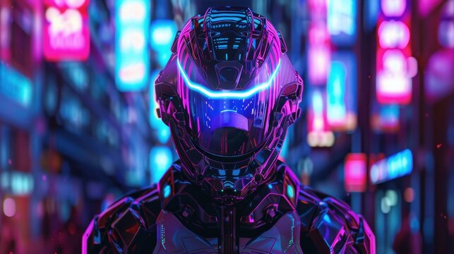 Futuristic humanoid in neon city at night