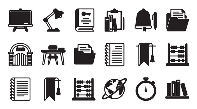 Education icons, school symbols, learning graphics, black and white illustrations, 20 educational elements