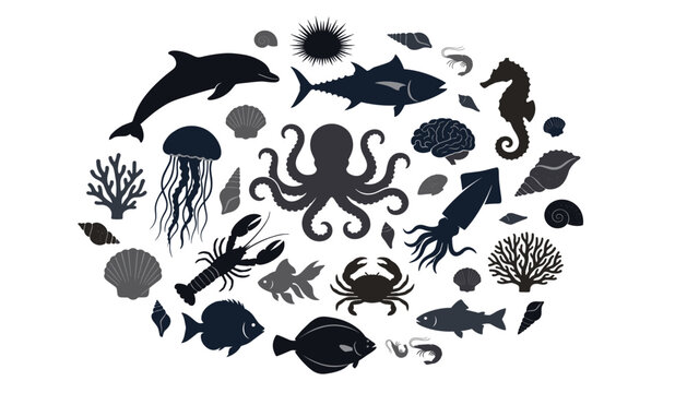 Marine life silhouettes collection vector illustration. Set of ocean creatures including octopus, dolphin, fish, lobster, crab.