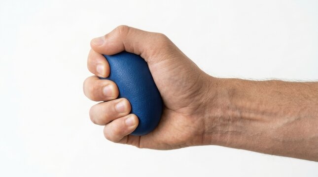 Hand squeezing stress ball relieving tension and improving grip strength