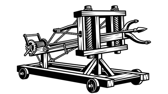Ancient siege weapon catapult drawing with trident projectile.