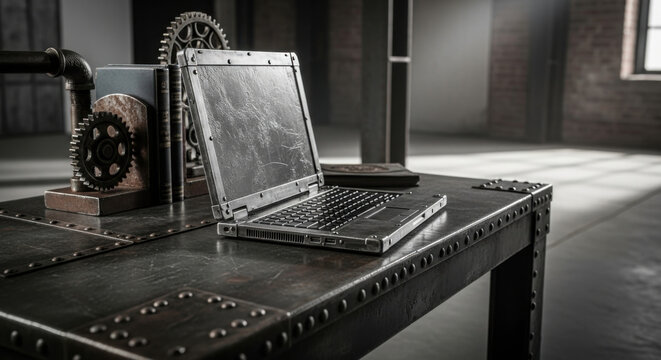 Vintage Steampunk Laptop And Gears On Industrial Desk