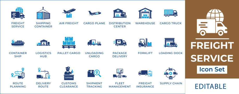 Freight service icon set featuring global logistics delivery truck, air cargo airplane, maritime shipping container, customs clearance, forklift warehouse, and route tracking symbols.