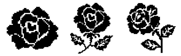 Obraz premium Pixel Art Rose Flower PNG Set, Retro 8 Bit Floral Clipart Collection Isolated on Transparent Background