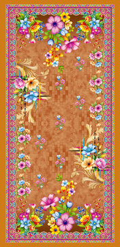 Elegant brown floral dupatta design with colorful blooming flowers and ornate border
