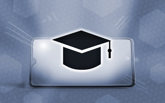 Representaci&oacute;n 3D de un tel&eacute;fono inteligente moderno con un icono de birrete acad&eacute;mico brillante, simbolizando la educaci&oacute;n digital, el aprendizaje m&oacute;vil y la formaci&oacute;n en l&iacute;nea virtual.