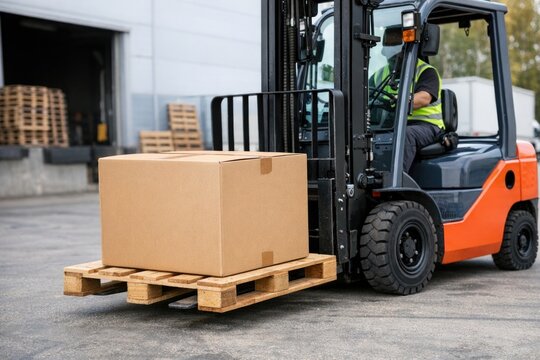 A forklift truck carrying a box, useful for warehouse or storage scenes