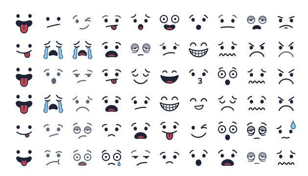 Cartoon facial expressions big collection vector illustration. Set of simple outline emoticons featuring diverse funny emotions, sad tears, angry eyes, isolated on white background.