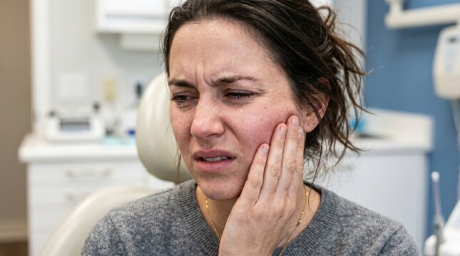 Woman with hand on cheek in a dental office