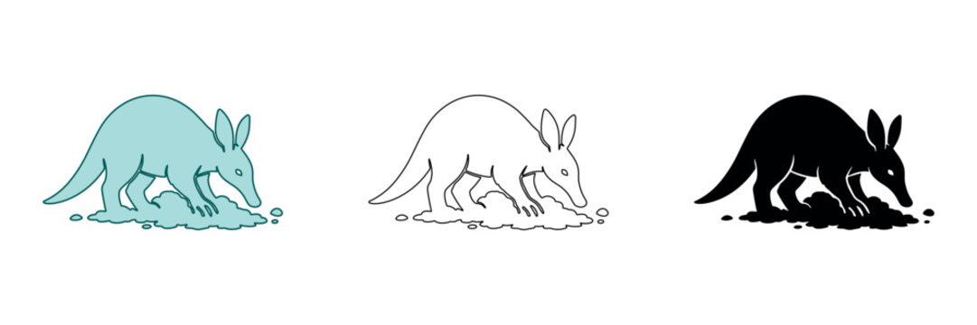 Aardvark digging in dirt, presented in three distinct styles for versatile use