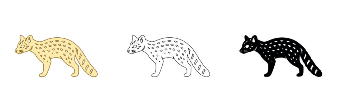 Three stylized depictions of a spotted genet in different artistic styles