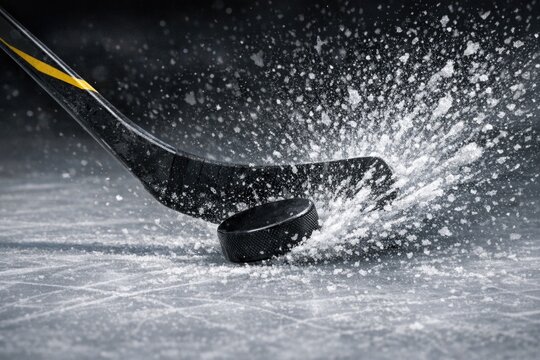 A hockey player swings their stick to hit a puck flying across the ice