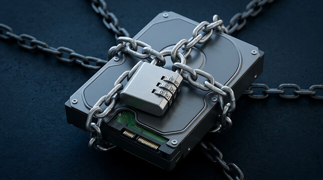 Computer Hard Drive Locked with Metal Chains and Padlock for Data Security and Ransomware Concept