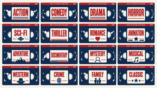 Movie genres labels on film tapes.