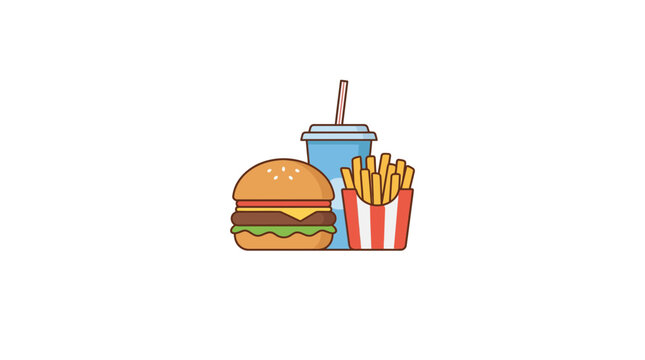 Cartoon Burger, Fries and Drink Vector Illustration - Fast Food Meal Icon