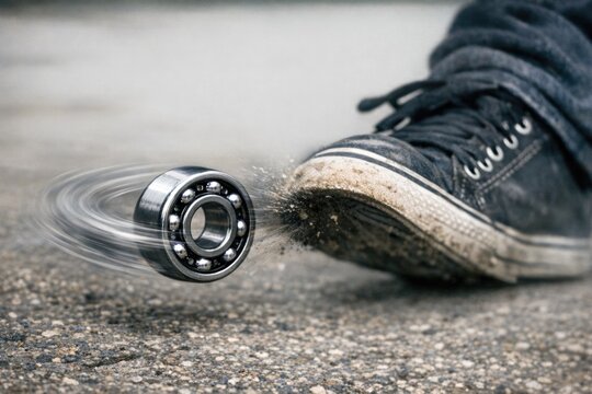 A skateboarder's shoe falls off the board, captured in mid-action