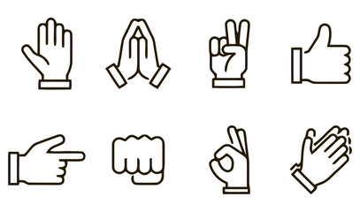 Fototapeta premium Hand gestures represent diverse non-verbal communication methods using simple line art symbols.