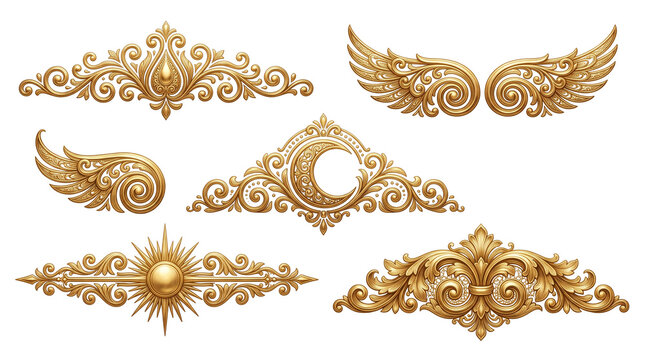 Vintage gold filigree ornaments set, 6 baroque decorative elements with wings and celestial sun moon motifs, ornate golden metallic flourishes isolated PNG with Transparent Background