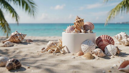 Obraz premium Seashells and sand dollars on a white pedestal on a tropical beach