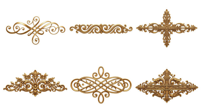 Vintage gold filigree ornaments, set of 6 antique bronze decorative borders, elegant baroque scrollwork elements for luxury invitation design isolated PNG with Transparent Background