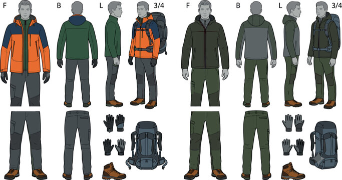 Men Hiking Apparel Technical Sketch Vector with Front Back Side Views of Waterproof Winter Jackets Cargo Pants and Backpacks for Outdoor Clothing Brand Designs