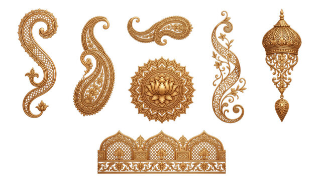 Golden paisley ornaments and intricate mandala set, luxury 3D metallic floral elements, traditional Indian henna patterns for wedding invitation design isolated PNG with Transparent Background