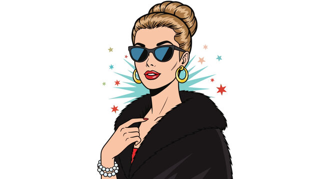 Glamorous Pop Art Woman in Fur Coat and Sunglasses on Isolated White Background