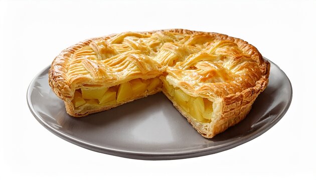 delicious golden brown pineapple pie with a flaky puff pastry crust cut in half to show the sweet fruit filling this tasty dessert is isolated on a white background for easy use