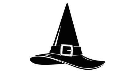 Fototapeta premium Classic black witch hat silhouette with a buckle, Halloween costume accessory, isolated white background.