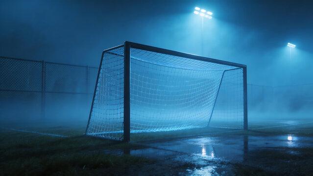 Soccer goalpost on a foggy night