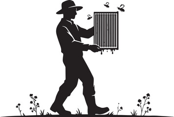 Obraz premium Beekeeper in silhouette, carrying honeycomb frame with bees