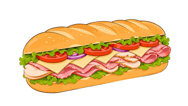 Large deli submarine sandwich with lettuce tomato cheese and ham