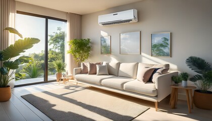 Fototapeta premium modern living room with air conditioner cooling the space during a hot summer day bright sunlight streams through the window highlighting the comfortable sofa and creating a cozy cool indoor oasis
