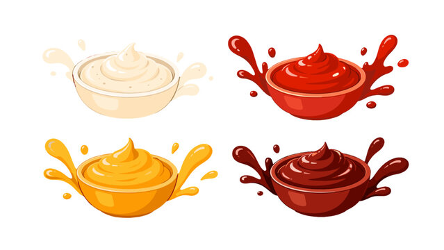 Cartoon sauce bowls with splashes in four condiment colors