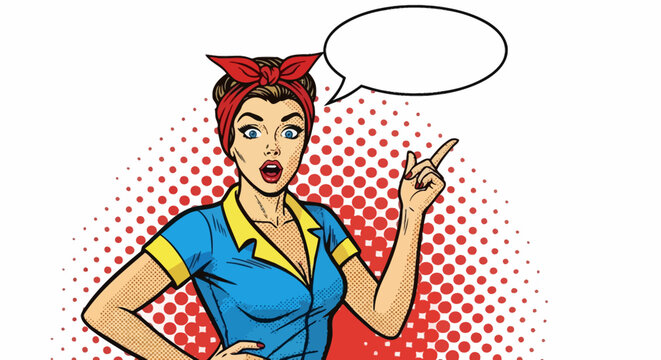 Assertive Pop Art Woman with Red Bandana Pointing and Empty Speech Bubble