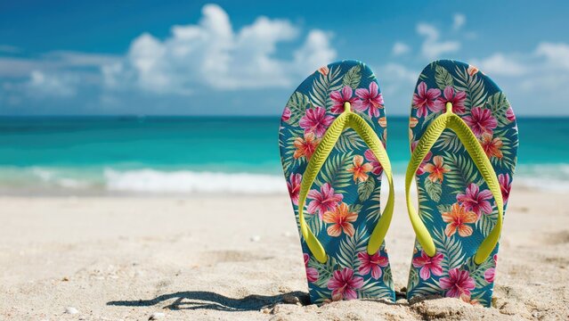 Pair of floral patterned flip flops standing on a sandy beach