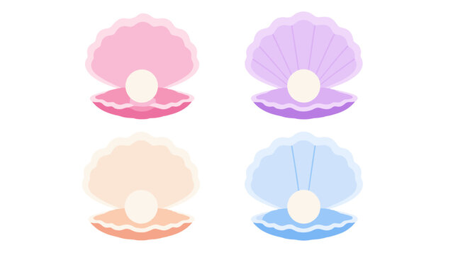 Pastel scallop shells with pearls set in flat vector style