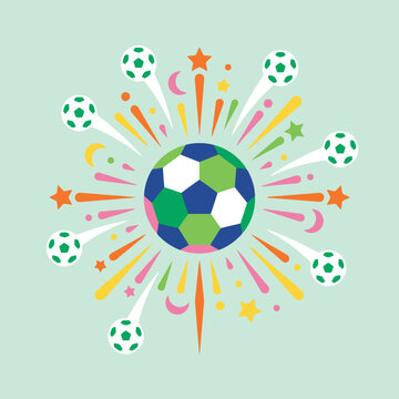 A colorful soccer ball graphic with exploding fireworks