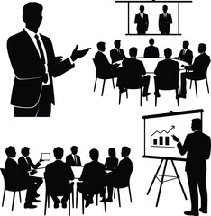 Fototapeta premium Set of black silhouettes showing business people in meetings with charts and presentations on... d