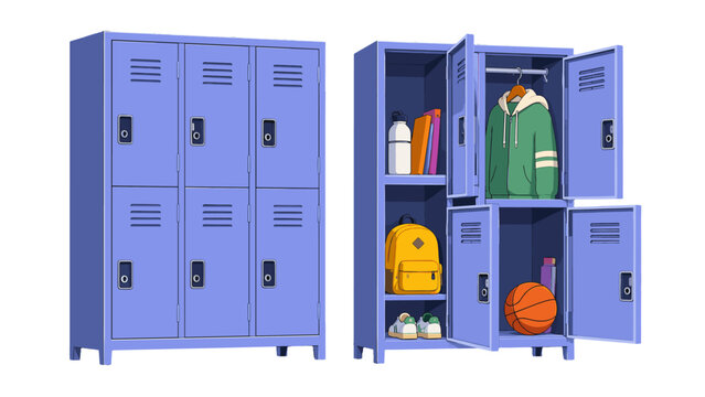 Blue school lockers with open doors and stored items