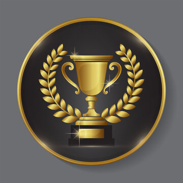 golden winner trophy cup with laurel wreath emblem vector illustration.