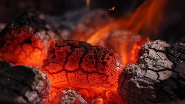 Red hot glowing charcoal embers burning brightly with smoke in a barbecue grill, close-up texture