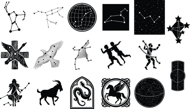 Zodiac Constellation Silhouette Bundle Collection Featuring Astrology Symbols Celestial Maps Mythological Figures and Star Pattern Designs