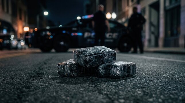 Illegal activity and drug trafficking symbolized by plastic-wrapped packages on the street.