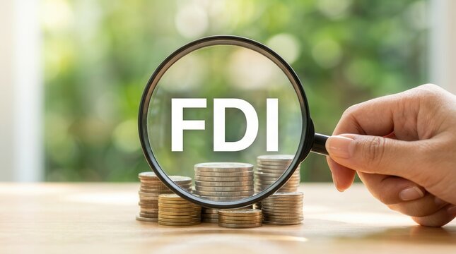 Stacks of coins with a magnifying glass focusing on FDI letters to symbolize capital growth.