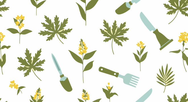 Gardening tools and green leaves pattern design.
