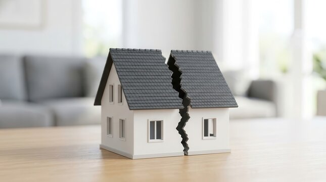 Real estate problems represented by a small house model undergoing property separation.