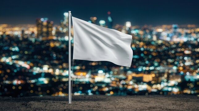 White flag symbolizing truce and surrender waving in front of a bokeh city night scene.