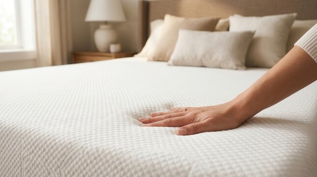 Close up of a hand pressing into a white memory foam mattress surface.