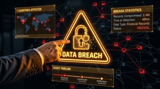 Business Professional Pointing at Critical Data Breach Alert with Broken Padlock Warning Triangle Showing Compromised Records, Global Impact Map and Event Timeline for Cybersecurity Incident Response
